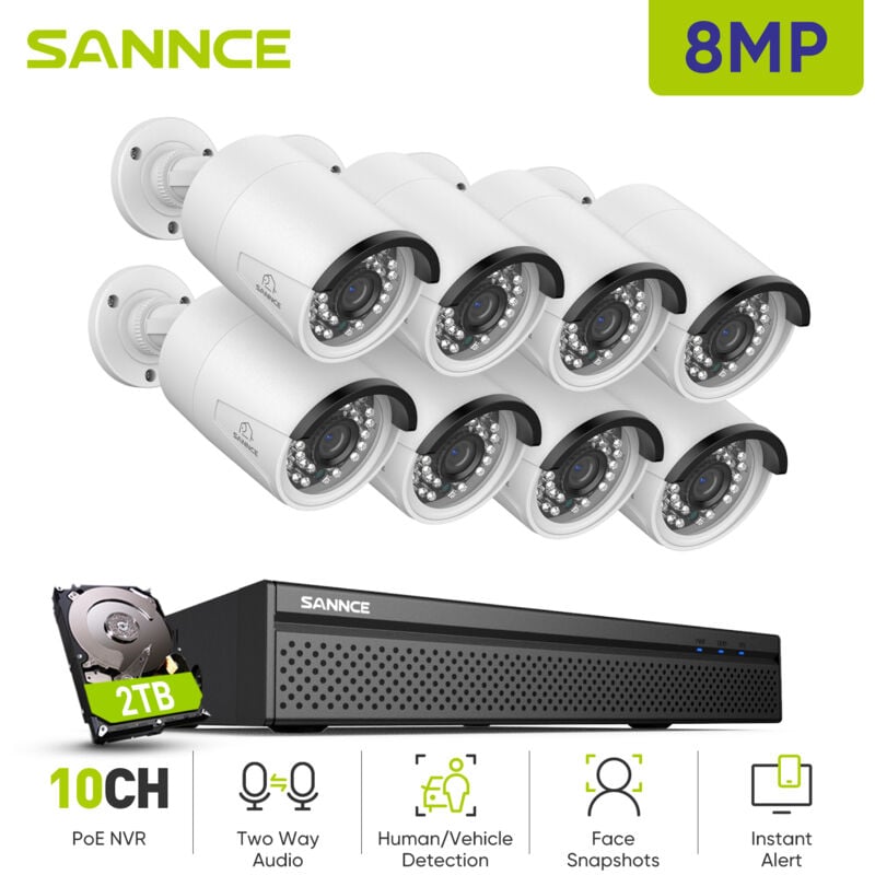 Sannce - 8MP Kit de Vidéosurveillance nvr 8×Caméras Smart ir Vision Nocturne Microphone Système de Sécurité Vidéo 2TB
