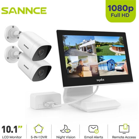 SANNCE Videoüberwachungsset 4CH 5-in-1 10,1 Zoll 1080P DVR Mit Bildschirm 4 x 1080P Verdrahtet Wetterfeste Überwachungskameras, Nachtsicht Bis zu 30 Meter Für innen und außen - ohne Festplatte