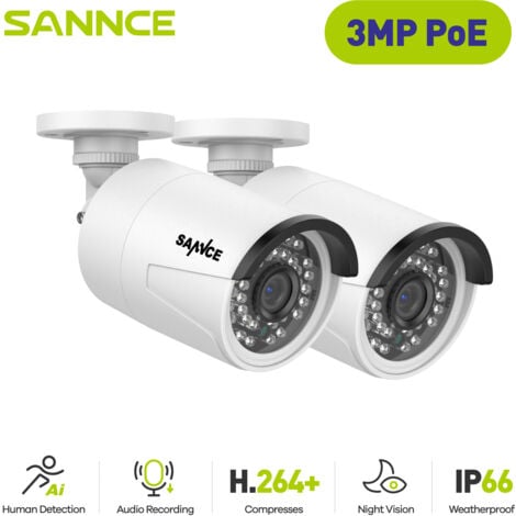 SANNCE Cámara de vigilancia de 3 MP PoE para interiores y exteriores con 36 LED IR, IP66, resistente a la intemperie, para NVR SANNCE N98PBD/N96PBK