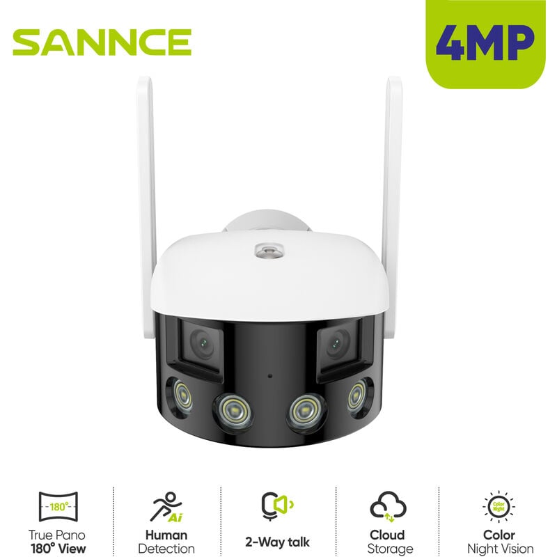 Sannce - WiFi Caméra de sécurité extérieure panoramique Double objectif 2K 4MP ultra grand angle 180° vision nocturne couleur détection intelligente
