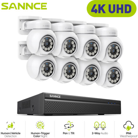 Sannce – Caméra de surveillance 4K NVR – Vision nocturne 20m – Audio bidirectionnel – Détection humaine – IP66 étanche – Angle 350°