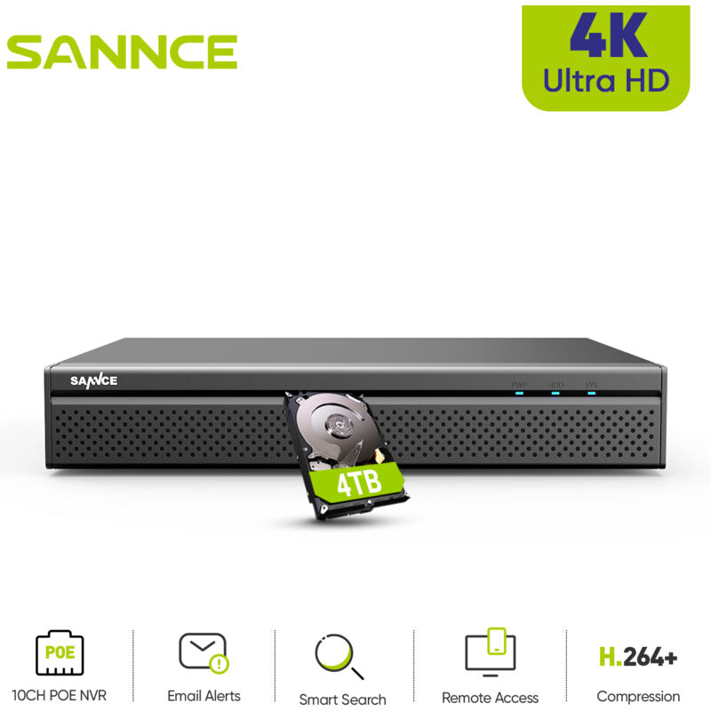 H.265+ 8CH PoE Enregistreur vidéo réseau de surveillance de sécurité vidéo - Disque dur 4 To - Sannce