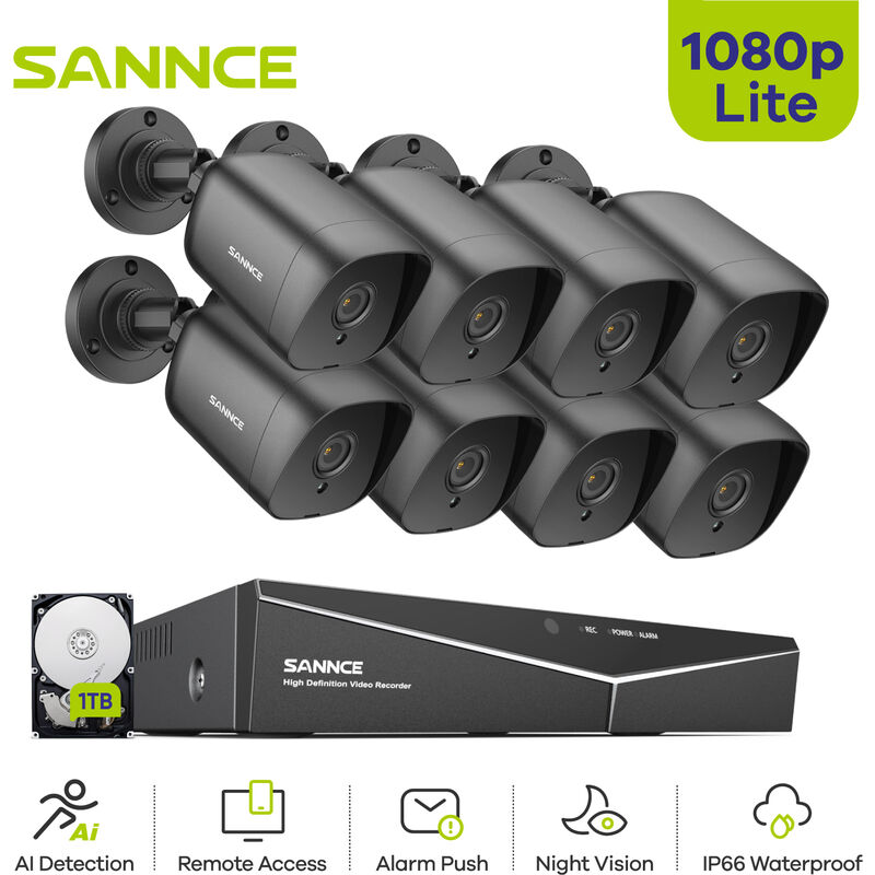 

KIT cámara de vigilancia 8CH TVI DVR grabadora + 8 cámara HD 1080P Exterior visión nocturna de 20m – con disco duro de 1 TB - Sannce