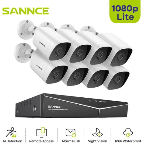 SANNCE Camaras de Vigilancia 8CH TVI DVR Grabadora + 8 Cámara Bala HD 1080P Exterior IP66 Visión Nocturna – 0TB HDD