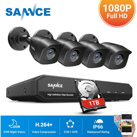 SANNCE KIT Caméra de surveillance filaire 8CH TVI DVR enregistreur + 4 caméra HD 1080P Extérieur vision nocture 20m