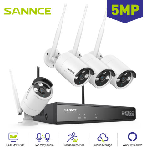 Sannce – Kit de caméras de surveillance WiFi 5MP – NVR 4 caméras – Vision nocturne jusqu'à 30m – Indice IP66 – Installation plug and play
