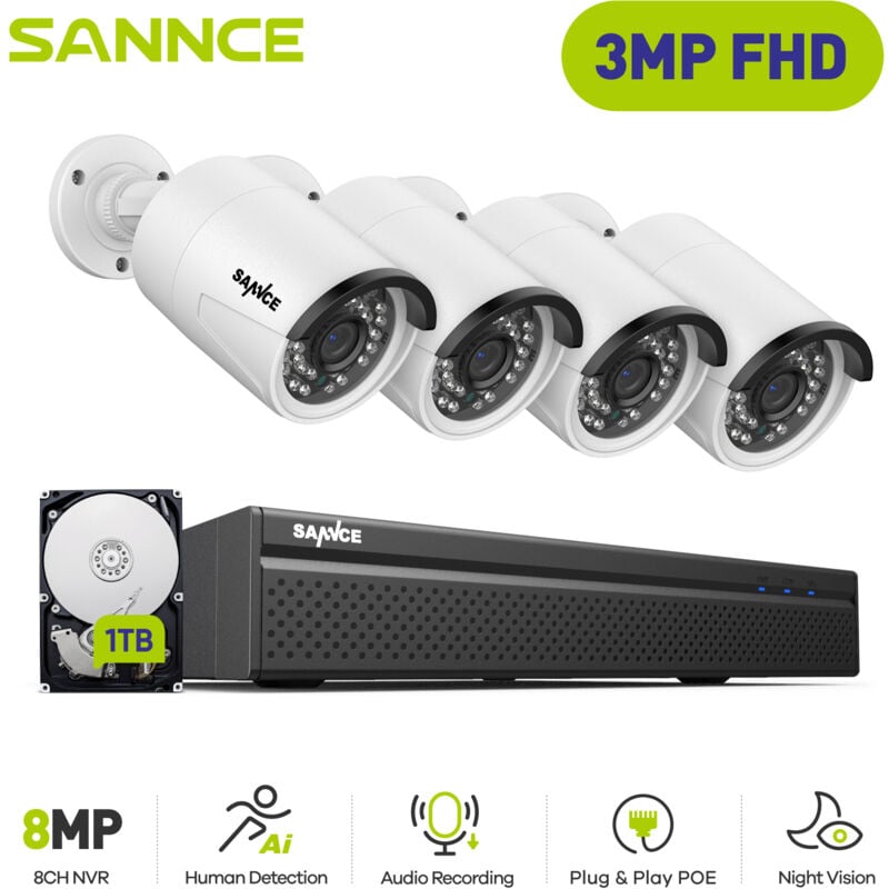 Kit de videosurveillance 3MP 4 × caméras smart ir vision nocturne micro intégré sécurité système - 1TB hdd - Sannce