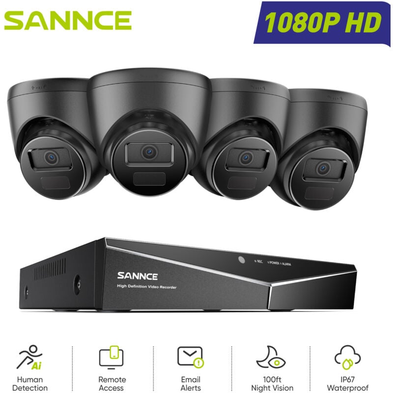 Sannce - 1080P Kit di Videosorveglianza Cablato 16CH 4 Telecamere Turret 2MP,Sistema di Telecamere di Sicurezza Cablato Visione Notturna Accesso