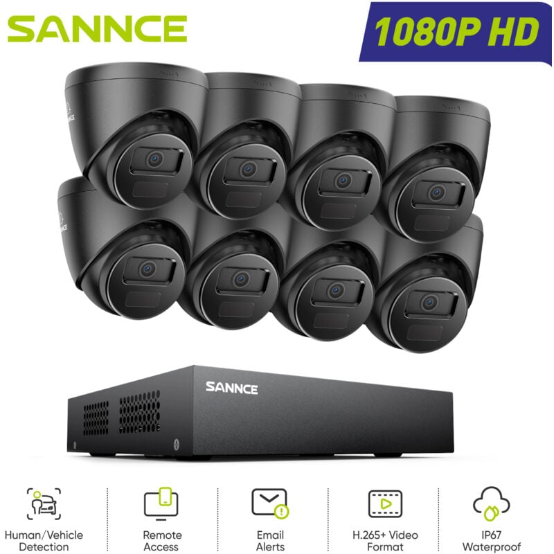 Sannce - Kit de Vidéosurveillance Extérieur 1080P 8 canaux 8 caméras Turret 2MP,Accès à Distance Vision Nocturne Système de Caméra de Sécurité Filaire