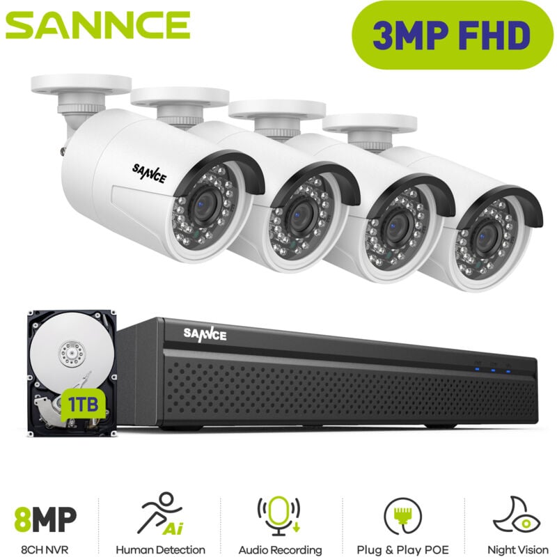 Kit de Vidéosurveillance Exterieure 3MP 4×IP Caméras Smart ir Vision Nocturne,Détection Mouvement Kit Caméra de Surveillance Filaire 1TB - Sannce