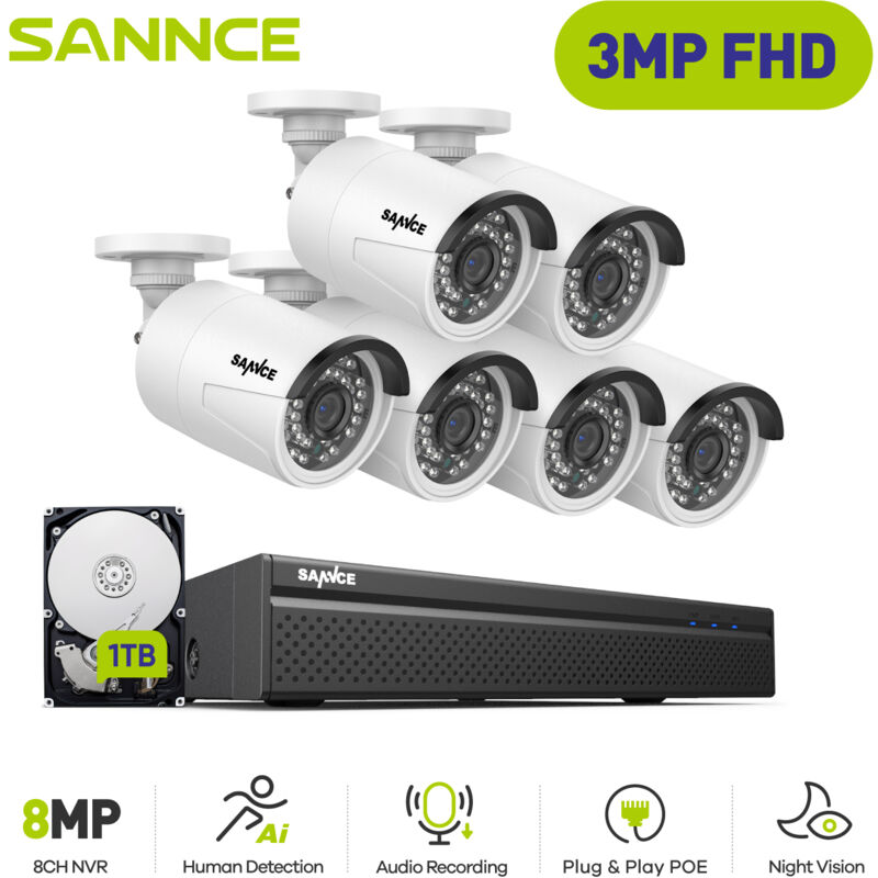 Kit de Vidéosurveillance Exterieure 3MP 6×IP Caméras Smart ir Vision Nocturne,Détection Mouvement Kit Caméra de Surveillance Filaire 1TB - Sannce