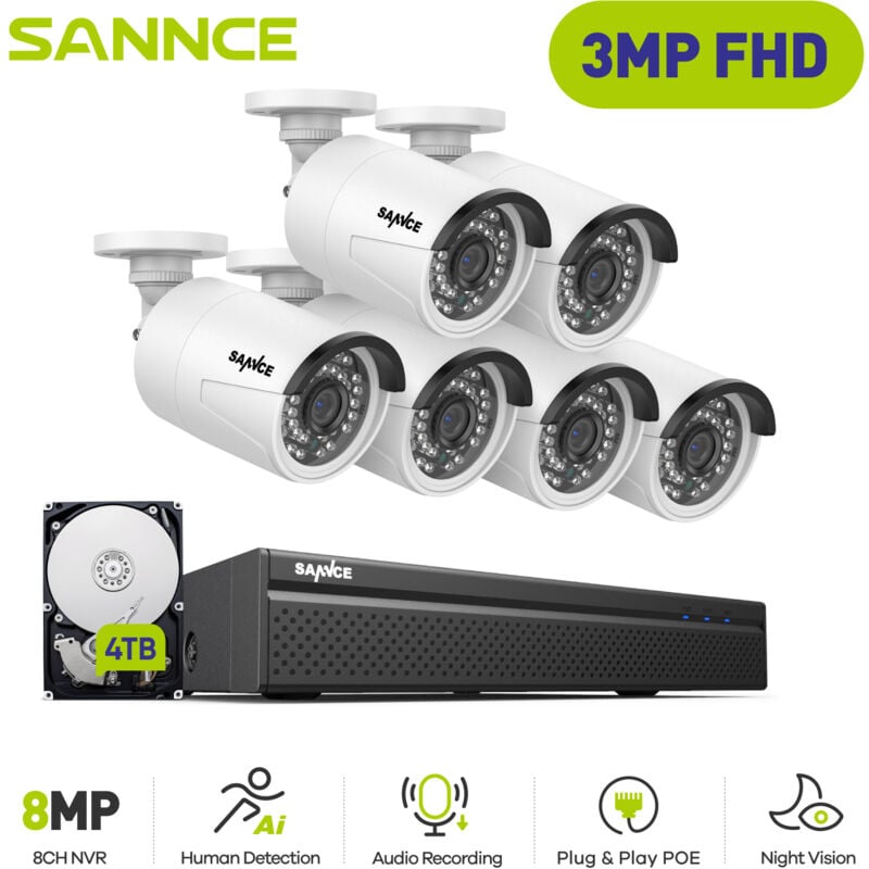 Kit de Vidéosurveillance Exterieure 3MP 6×IP Caméras Smart ir Vision Nocturne,Détection Mouvement Kit Caméra de Surveillance Filaire 4TB - Sannce