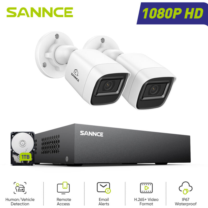Sannce - Kit de Vidéosurveillance filaire 1080P 8 canaux 2 caméras Bullet 2MP,Détection Mouvement Accès à Distance Système de Caméra de Sécurité,1TB