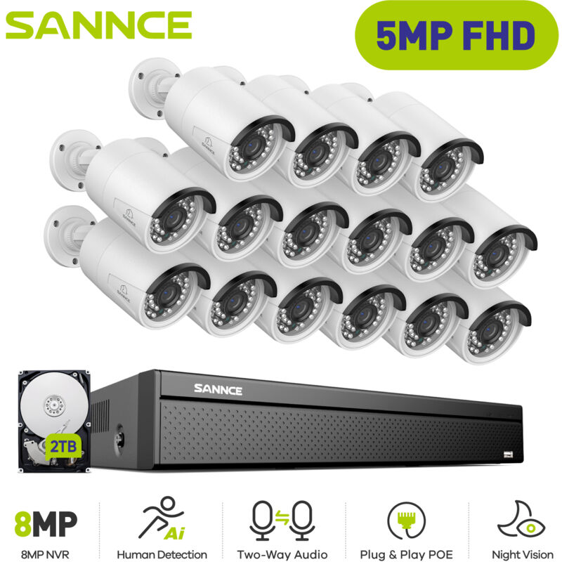 Sannce - Kit de Vidéosurveillance Filaire PoE,16CH nvr avec 3MP × 12 Caméras PoE Système de Surveillance Vidéo Accès Distance Vision Nocturne