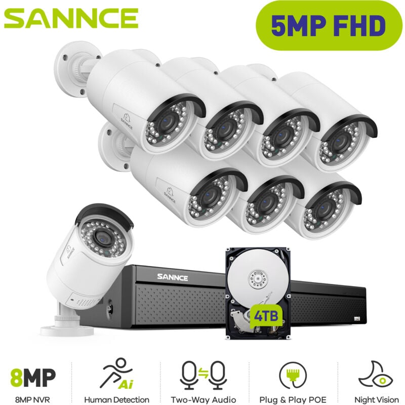 Sannce - Kit de Vidéosurveillance Filaire,16CH nvr avec 3MP × 8 Sécurité Caméras PoE Vision Nocturne Caméra de Surveillance Accès Distance,4TB hdd