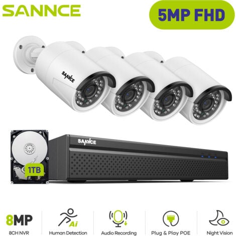 SANNCE Kit di Videosorveglianza 5MP 8 Canali PoE NVR 4Telecamera Smart IR Visione Notturna Microfono Incorporato Impermeabilità IP66 Sistema di Sicurezza - 1TB HDD