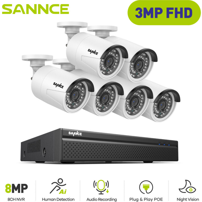 Sannce - Kit di videosorveglianza esterni PoE registratore 4K 8CH nvr telecamera di videosorveglianza ip PoE 6X 3MP, rilevamento di