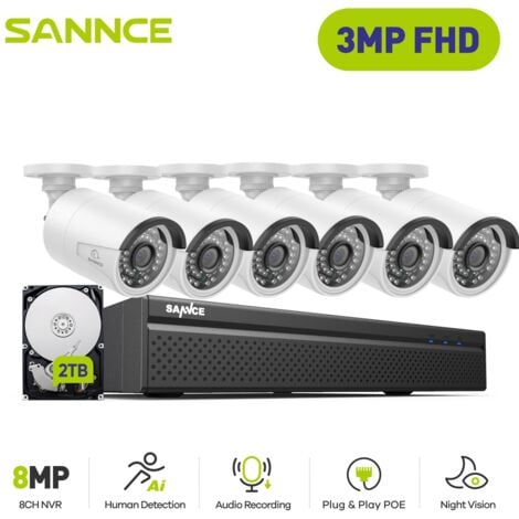 SANNCE Kit di Videosorveglianza Esterno,8CH NVR with 3MP 8 IP PoE Telecamera di Sicurezza Visione Notturna Telecamera Videosorveglianza,2TB HDD