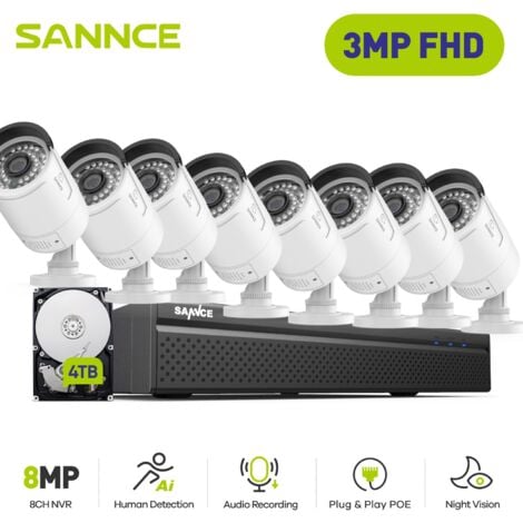 SANNCE Kit di Videosorveglianza Esterno,8CH NVR with 3MP 8 IP PoE Telecamera di Sicurezza Visione Notturna Telecamera Videosorveglianza,4TB HDD