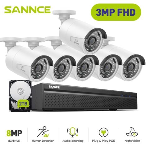 SANNCE Kit di Videosorveglianza,8CH NVR with 3MP×6 PoE Telecamera di Sicurezza Visione Notturna Telecamera Videosorveglianza Esterno,2TB HDD