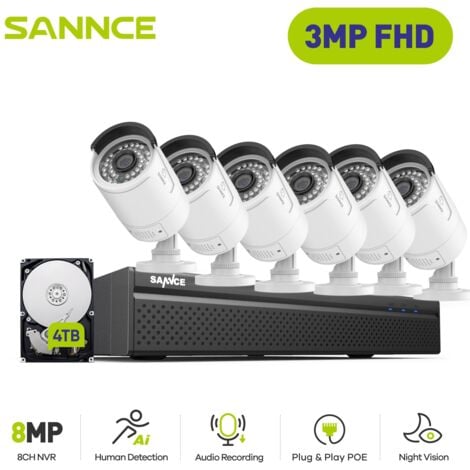 SANNCE Kit di Videosorveglianza,8CH NVR with 3MP×6 PoE Telecamera di Sicurezza Visione Notturna Telecamera Videosorveglianza Esterno,4TB HDD