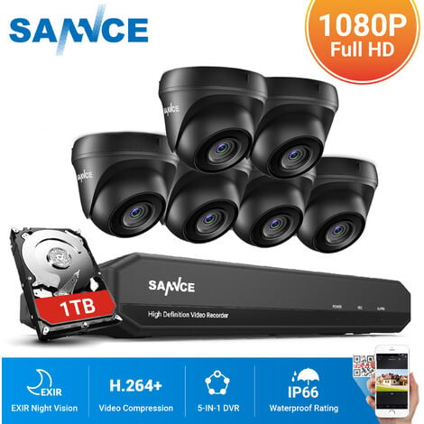 SANNCE Kit Vidéo surveillance cctv système 8CH 1080N DVR enregistreur + caméra de sécurité extérieur HD 1080p vision nocture 20m – 6 caméra dome avec disque dur 1 TB