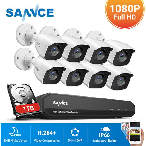 SANNCE KIT Vidéo surveillance filaire 8CH TVI DVR enregistreur + 8 caméra HD 1080P Extérieur vision nocture 20m – Avec disque dur 1TB