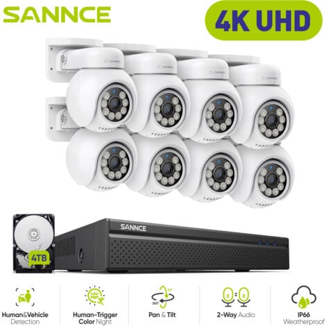 SANNCE Kit Videosorveglianza Kit 4K Colori Visione Notturna Rilevamento Movimento Telecamera CCTV Sicurezza Sistema - 4TB HDD