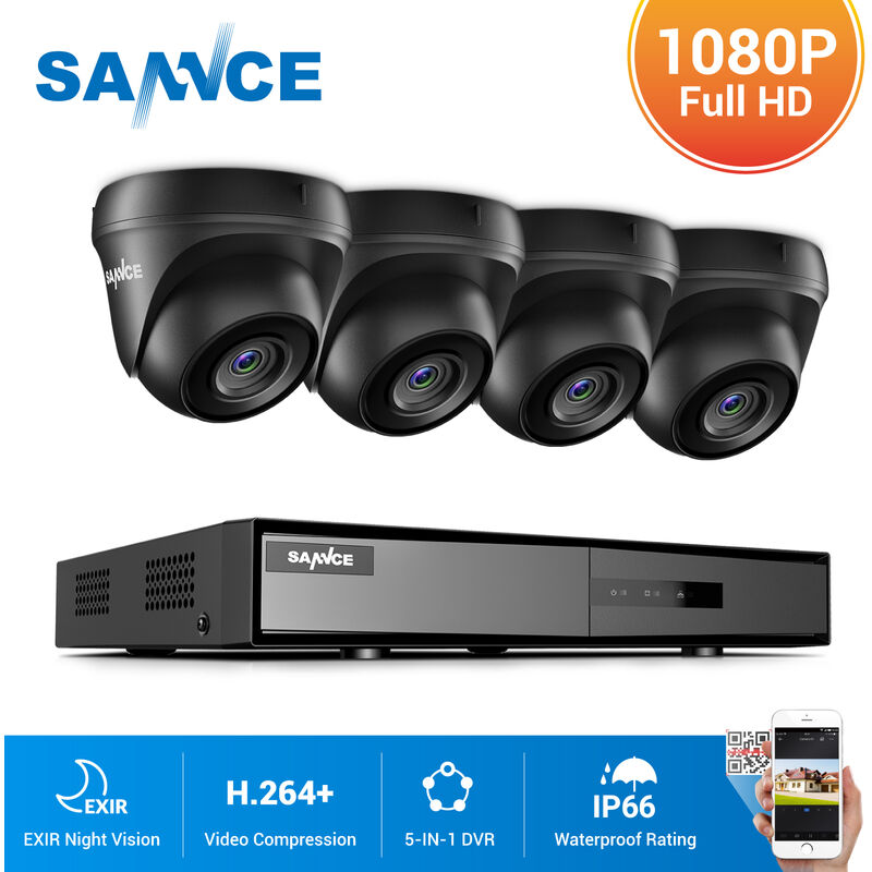 

SANNCE kit videovigilancia exterior 4CH TVI DVR grabadora + 4 cámara HD 1080P visión nocturna de 20m – sin disco duro