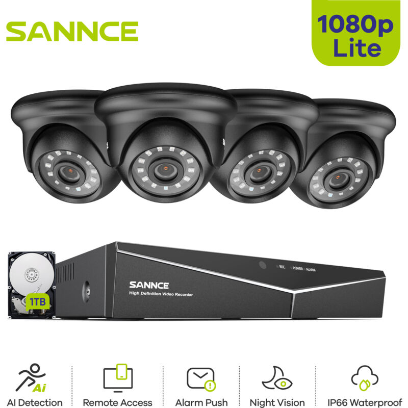

SANNCE kit videovigilancia exterior 4CH TVI DVR grabadora + 4 cámara HD 1080P visión nocturna de 20m - con disco duro de 1 TB