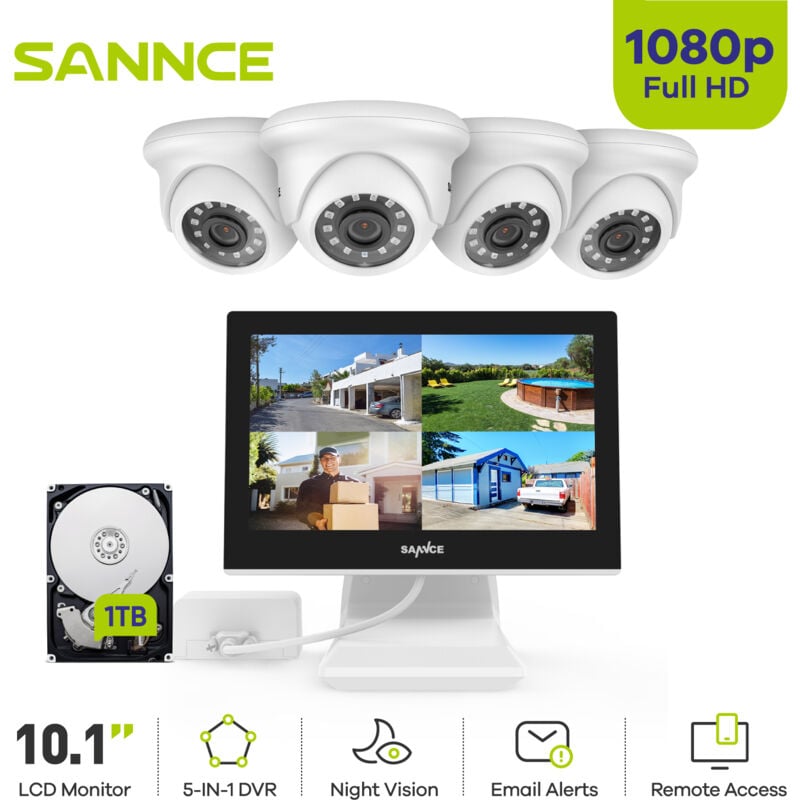 Kits de Vidéosurveillance 4CH 10.1'Écran 41080P Caméra ir Vision Nocturne Informations Alarme Sécurité Surveillance Système - 1TB hdd - Sannce