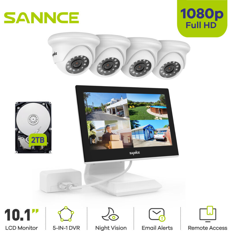 Kits de Vidéosurveillance 4CH 10.1'Écran 41080P Caméra ir Vision Nocturne Informations Alarme Sécurité Surveillance Système - 2TB hdd - Sannce