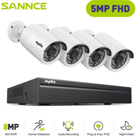 SANNCE PoE Kit di Videosorveglianza 5MP 8 Canali NVR 4Telecamera Smart IR Visione Notturna Microfono Incorporato Impermeabilità IP66 Sistema di Sicurezza