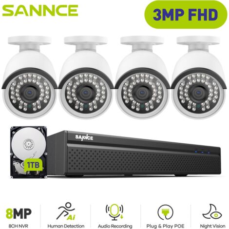 SANNCE PoE Kit di Videosorveglianza Cablato,8CH NVR with 3MP 4 IP Telecamera di Sicurezza Visione Notturna Sistema di Videosorveglianza,1TB HDD