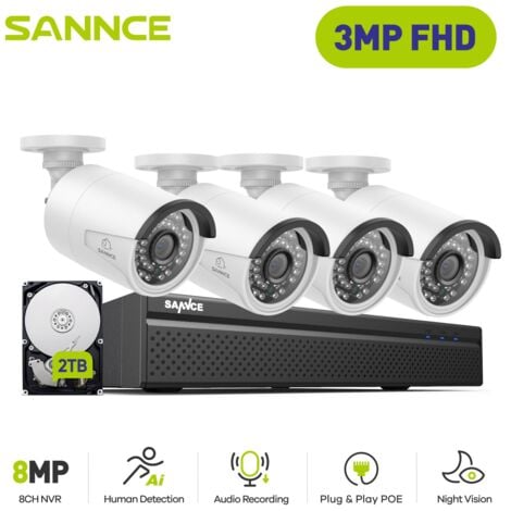 SANNCE PoE Kit di Videosorveglianza Cablato,8CH NVR with 3MP 4 IP Telecamera di Sicurezza Visione Notturna Sistema di Videosorveglianza,2TB HDD
