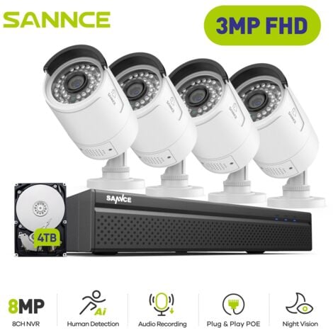 SANNCE PoE Kit di Videosorveglianza Cablato,8CH NVR with 3MP 4 IP Telecamera di Sicurezza Visione Notturna Sistema di Videosorveglianza,4TB HDD