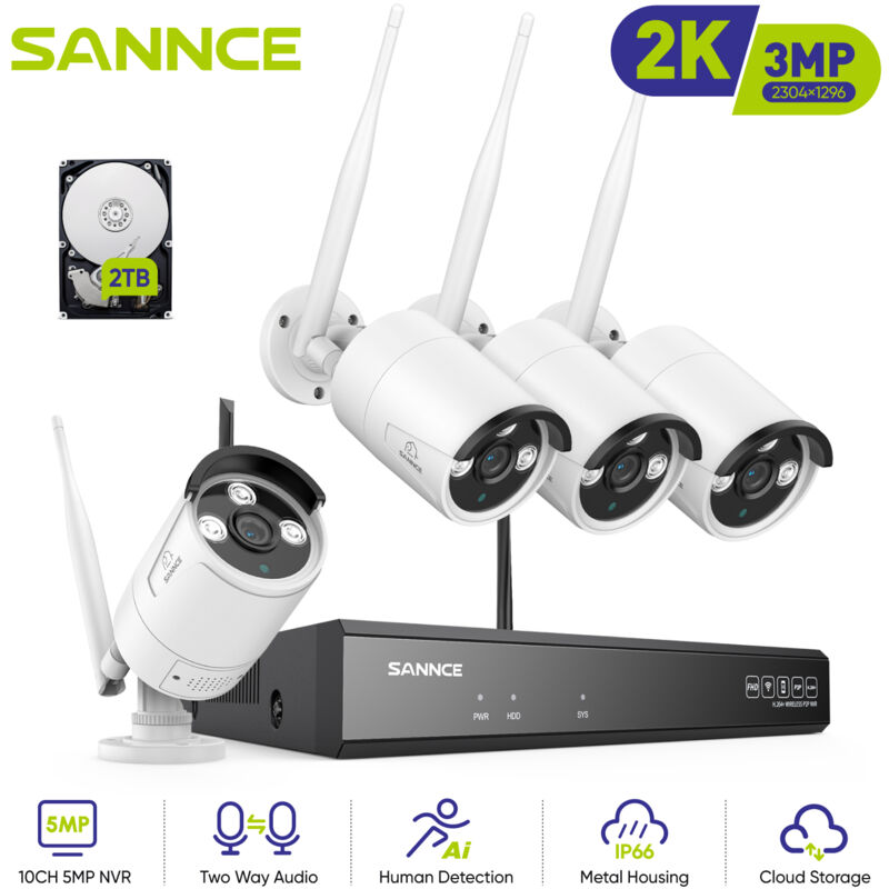 

Kits de videovigilancia Sistema de cámara de seguridad inalámbrica WiFi 3M con 4 cámaras WIFI KIT NVR - Incluye disco duro de 2TB - Sannce