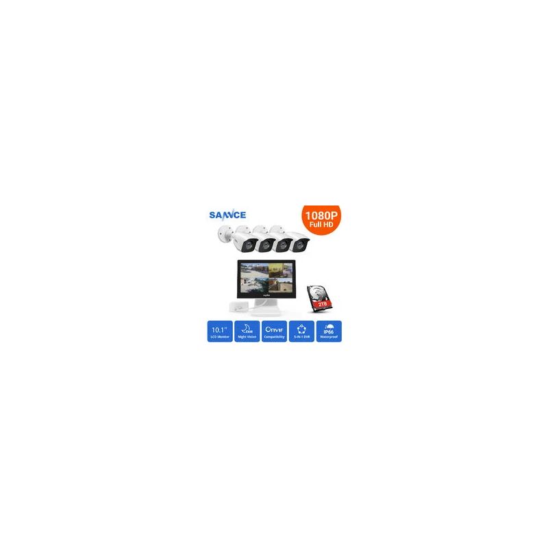 

Sistema de vigilancia de seguridad CCTV de 4 canales compatible con ONVIF IP66 4 cámaras impermeables para exteriores – disco duro de 2 tb - Sannce