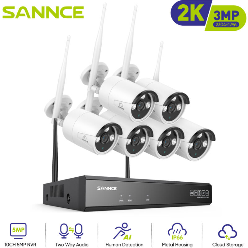 

SANNCE Sistema de cámara de seguridad IP WiFi de 8 canales con 6 piezas 1080p Cámaras de vigilancia CCTV inalámbricas para exteriores AI Detección
