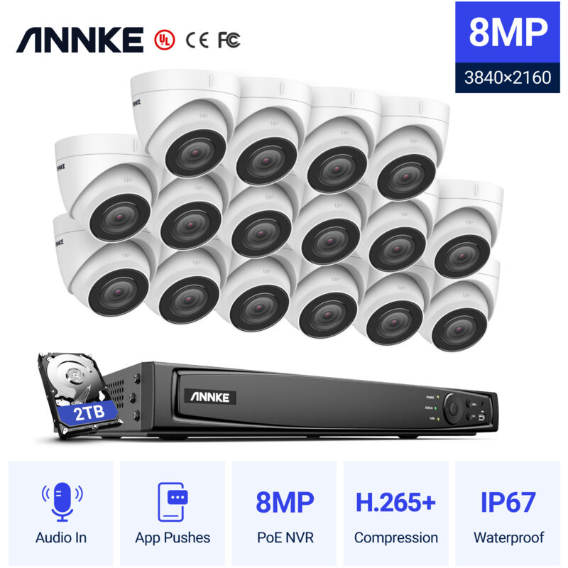 

Annke - 4K Ultra HD PoE Sistema de seguridad de video en red 16CH NVR 4K Vigilancia con compresión de video H.265 + 4K HD Torreta Cámaras IP con 16