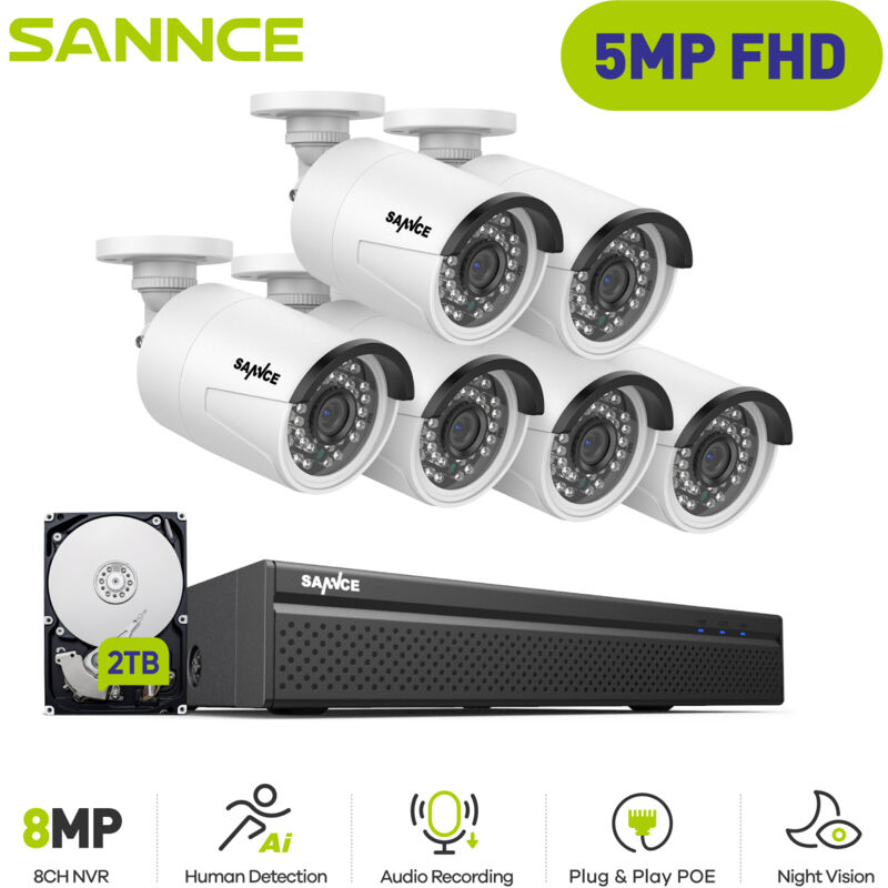 

Sistema de seguridad de video de red PoE FHD de 5MP, NVR de vigilancia de 8CH y 5MP con compresión de video H.264 +, cámaras impermeables de 6 * 5MP