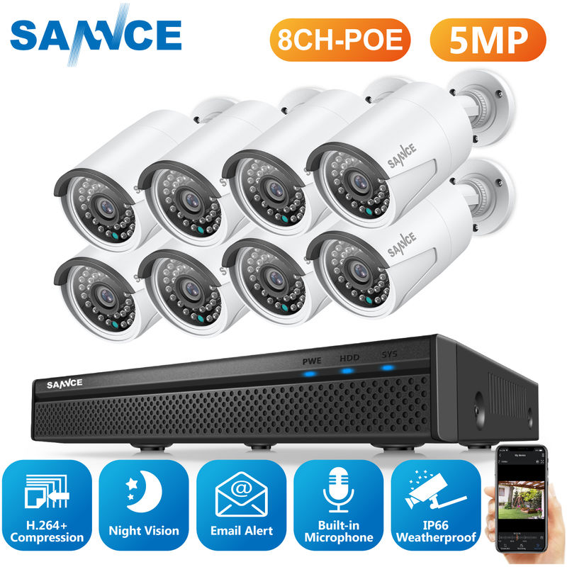 

Sistema de seguridad de video de red PoE FHD de 5MP, NVR de vigilancia de 8CH y 5MP con compresión de video H.264 +, cámaras impermeables de 8 * 5MP