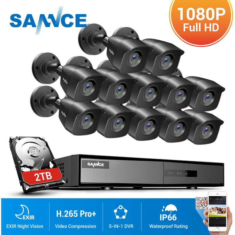 

Sistema de seguridad de video en el hogar 1080P 5-en-1 DVR 1080P con cámaras negras de 12 * Bullet – con disco duro de 2 TB - Sannce