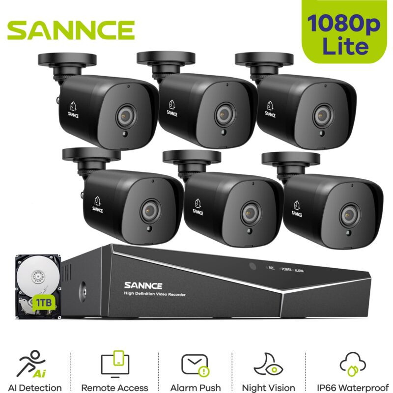 

Sistema de seguridad de video en el hogar 1080P con 1080N DVR con 6 cámaras estilo B - Disco duro de 1TB - Sannce