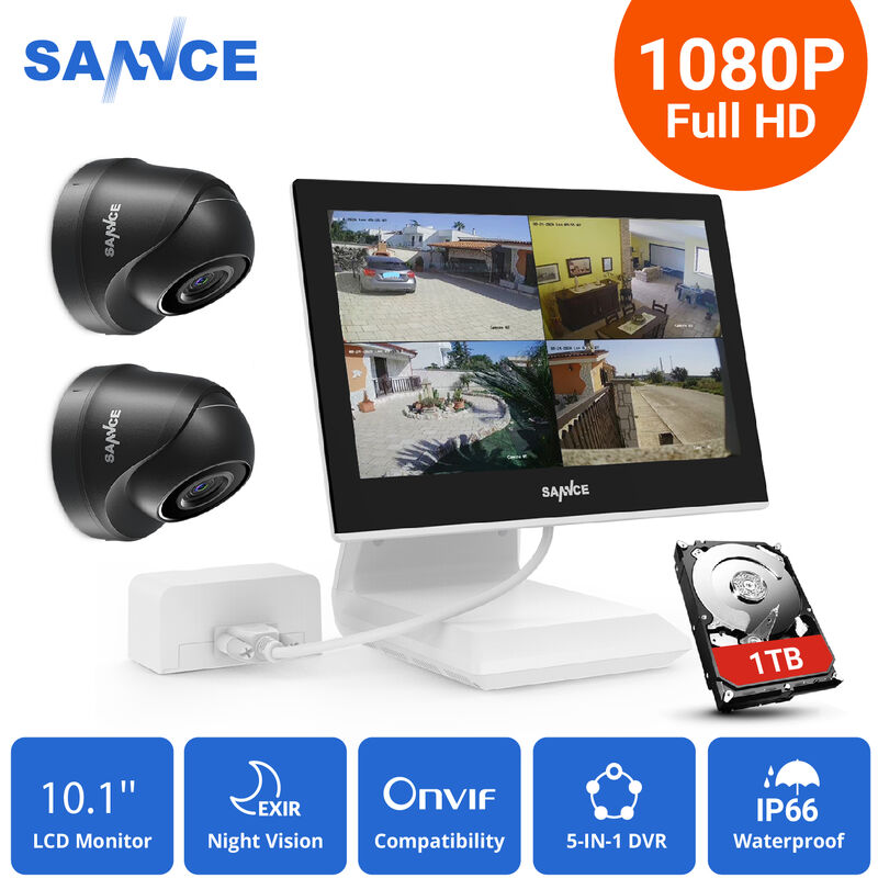 

KIT Video Vigilancia con pantalla 10.1 pulgadas LCD 4CH DVR + 2 cámara domo HD 1080P interior / exterior visión nocturna 20m – con disco duro de 1TB