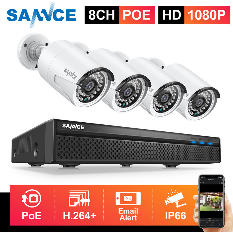 

Sistema de seguridad de video en red PoE 1080P FHD, vigilancia NVR 8CH 5MP con compresión de video H.264 + cámaras resistentes a la intemperie 1080P