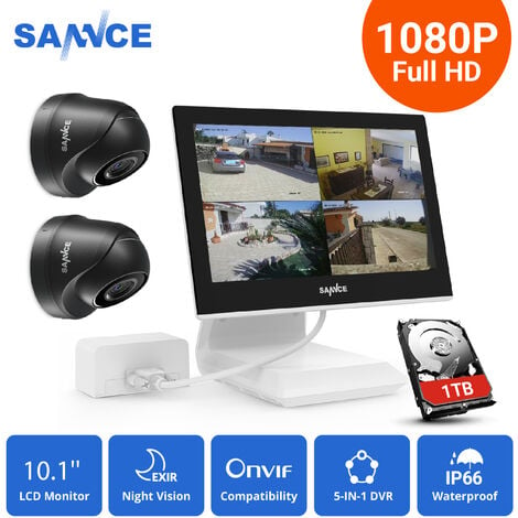 ANNKE SANNCE Système de caméra de sécurité DVR filaire HD 4 canaux avec caméras 1080P Moniteur LCD 10,1 '' kits de vidéosurveillance intérieur extérieur 2 caméras - Disque dur 1 To