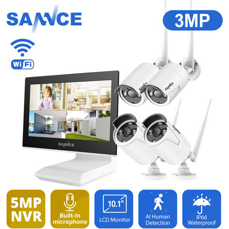 SANNCE Système de caméra de sécurité NVR sans fil 4 canaux 5MP Super HD avec caméras WiFi 3MP Moniteur LCD 10,1 '' pour kits de vidéosurveillance intérieurs extérieurs 4 caméras