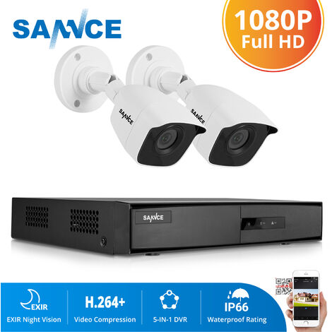 SANNCE Système de caméra de vidéosurveillance couleur avec vision nocturne 4CH 1080p CCTV avec 5-en-1 1080p H.264 DVR et 2 * 1080p HD caméras de sécurité intérieure / extérieure avec vision nocturne en couleur