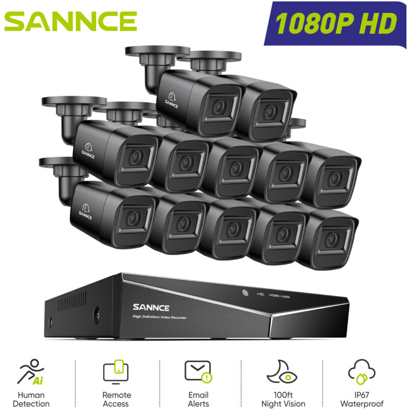 Système de sécurité filaire extérieur 1080P 16 canaux 12 caméras,Vision Nocturne Accès à Distance Kit de Vidéosurveillance - Sannce